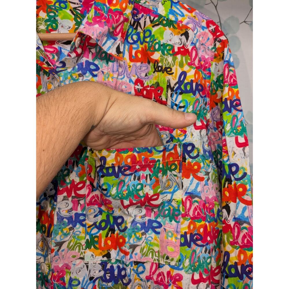 APNY Women's S Long Sleeve Button Up Blouse Rainbow Love Grafitti Print Artsy - Picture 3 of 10